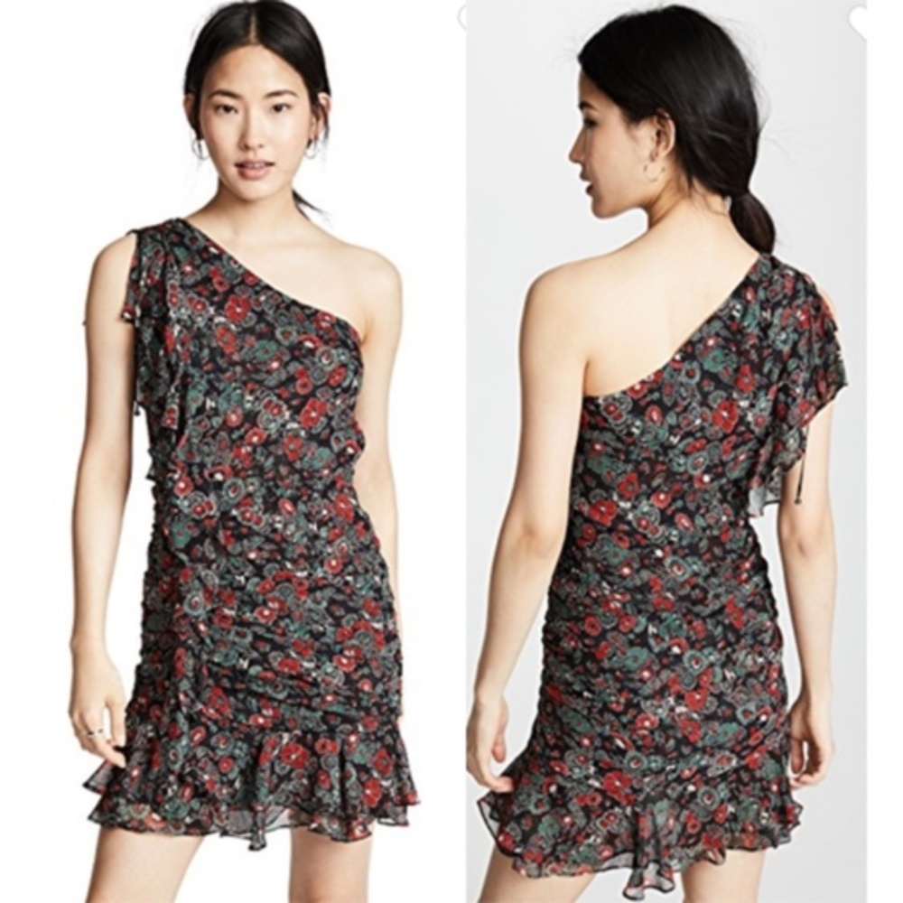 Veronica Beard Silk Floral One Shoulder Ruched Dress